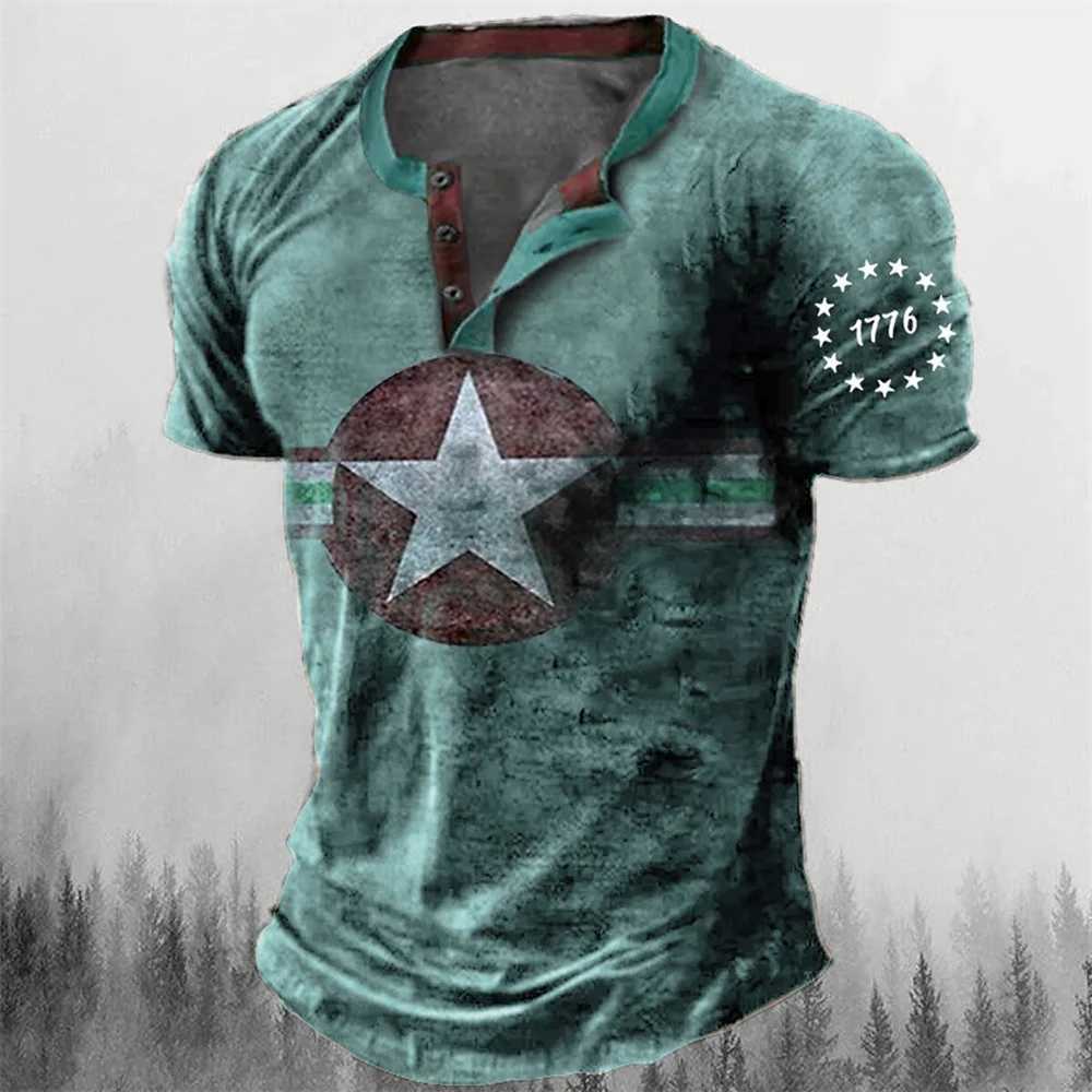Vintage Button V-neck Navigation T Shirt Short Sleeve Gothic Henley Shirt For Men Oversized Tops Tee Shirt Men Punk Streetwear Y250819