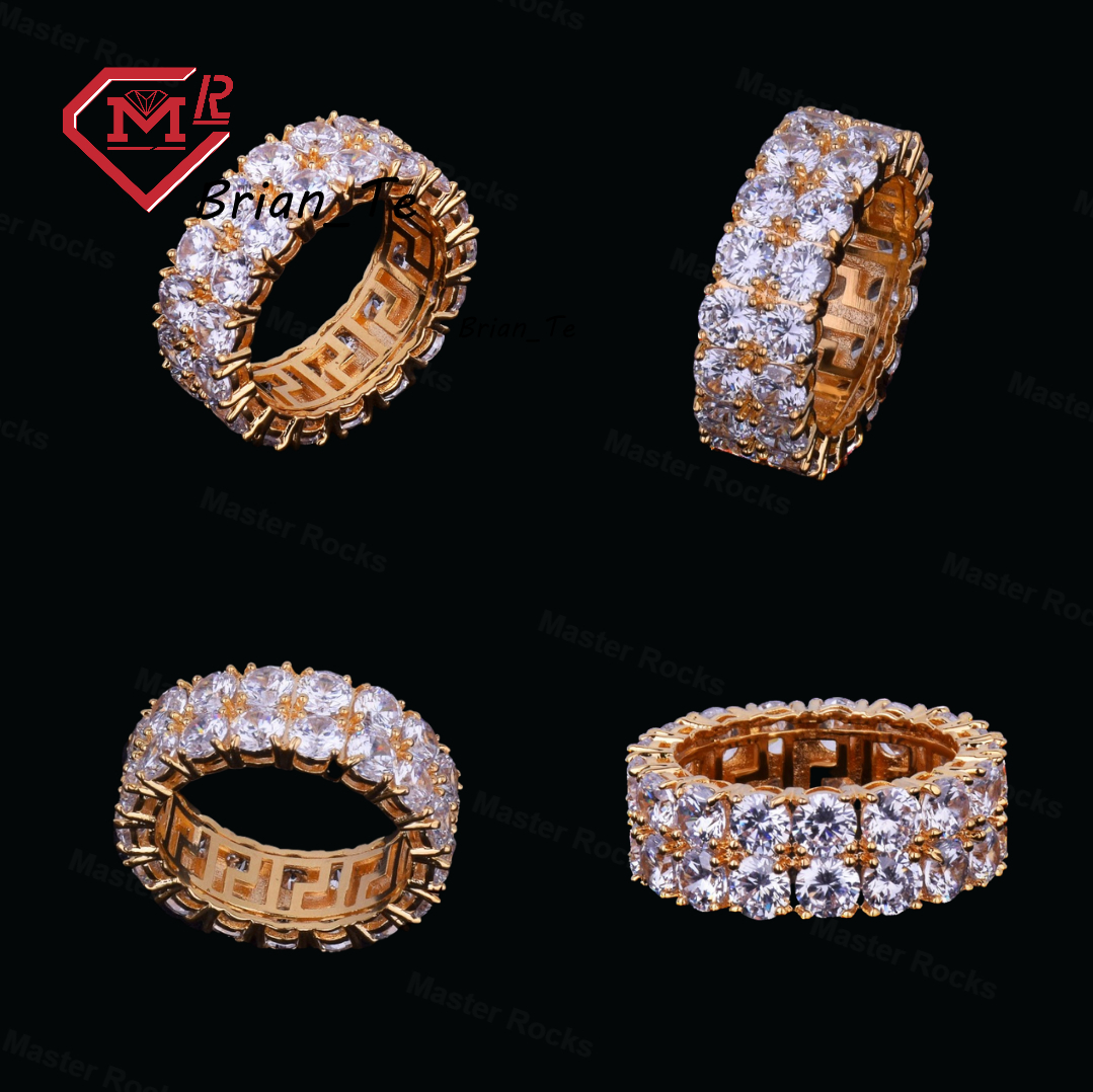 Shining Couples Iced Out Ring Two Rows Tennis Edition 925 Silver Moissanite Mens Ring