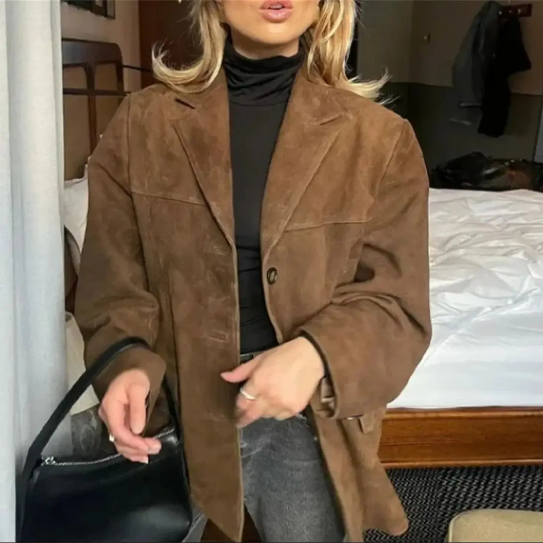 Retro Autumn Winter Loose Jacket Womens Long Sleeve Turndown Collar Solid Coats Female Street Chic Outwear Casual In Coat 250815