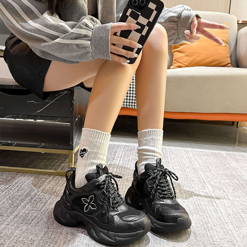 2024 New Autumn Winter Dad Shoes for Women Cross Flower Genuine Leather Thick Sole Height Increasing Mesh Breathable Fashion Casual Sneakers