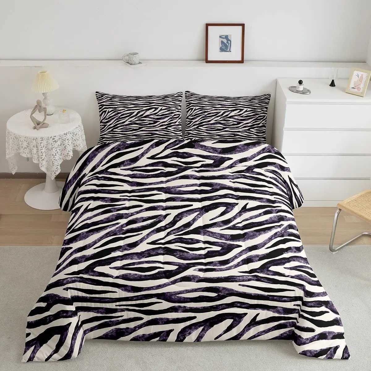 Zebra Print Bedding Set Striped Zebra Animal Print Decorative Quilted 3 Piece Comforter Cover with 2 Shams King Size Y250819