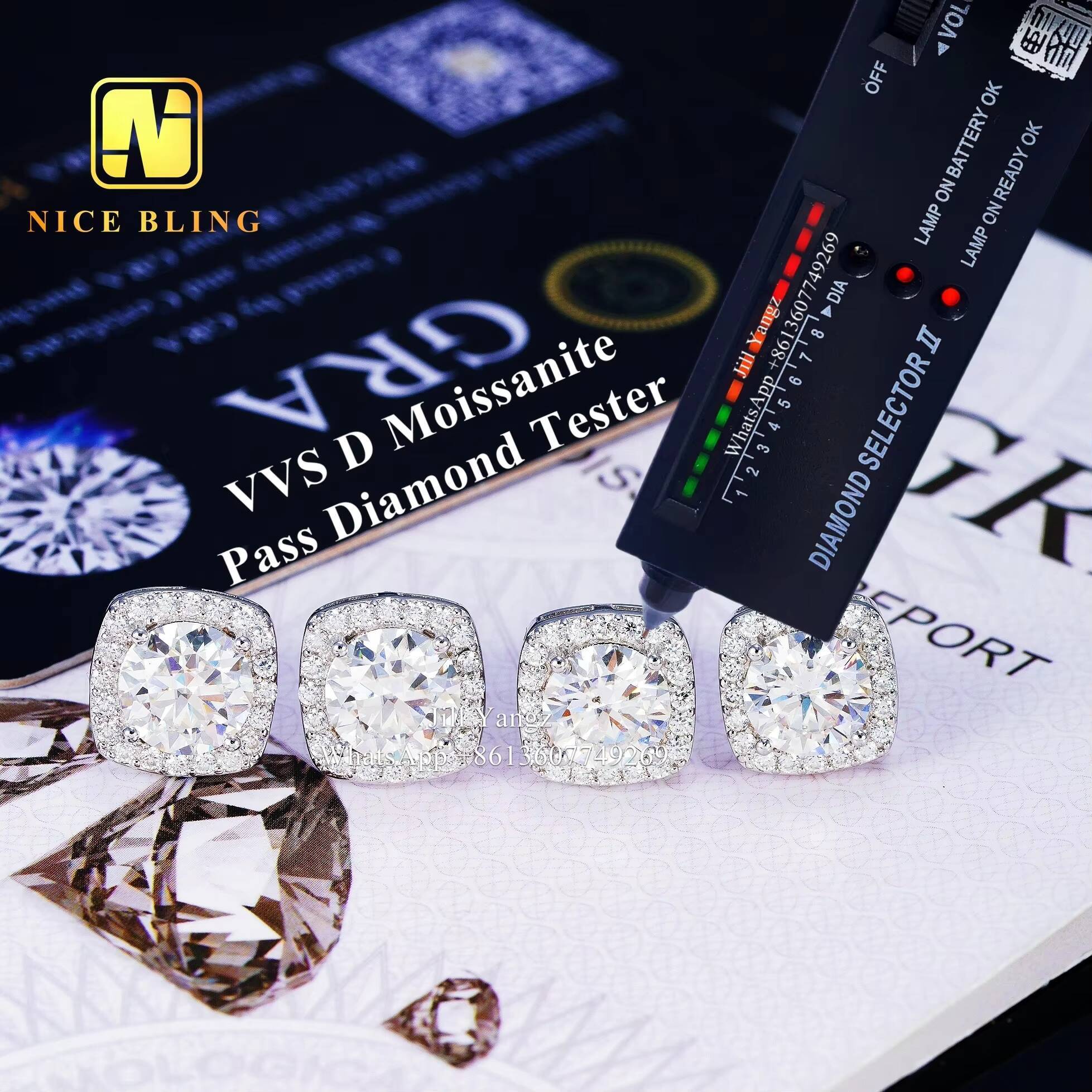 Ready Stock Fast Delivery 925 Sterling Silver VVS Moissanite Square Halo Stud Earrings Factory Wholesale White Gold Plated