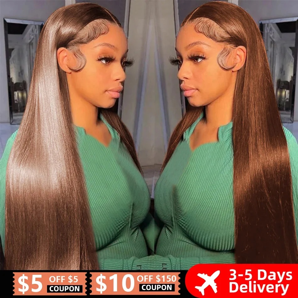 13x4 Straight Chocolate Brown Lace Front Human Hair Wigs 100% Woman Pre-Cut Plucked Honey Brown High Density HD Transparent Lace Frontal Wig