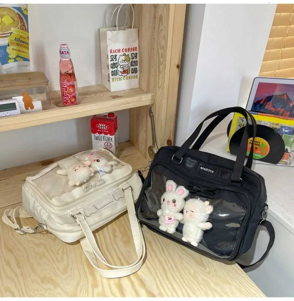 Japanese Cute Transparent Canvas Itabag Fashion One Shoulder Bag Student Personality Crossbody Bag with Badge Doll Ita Bag Y250819
