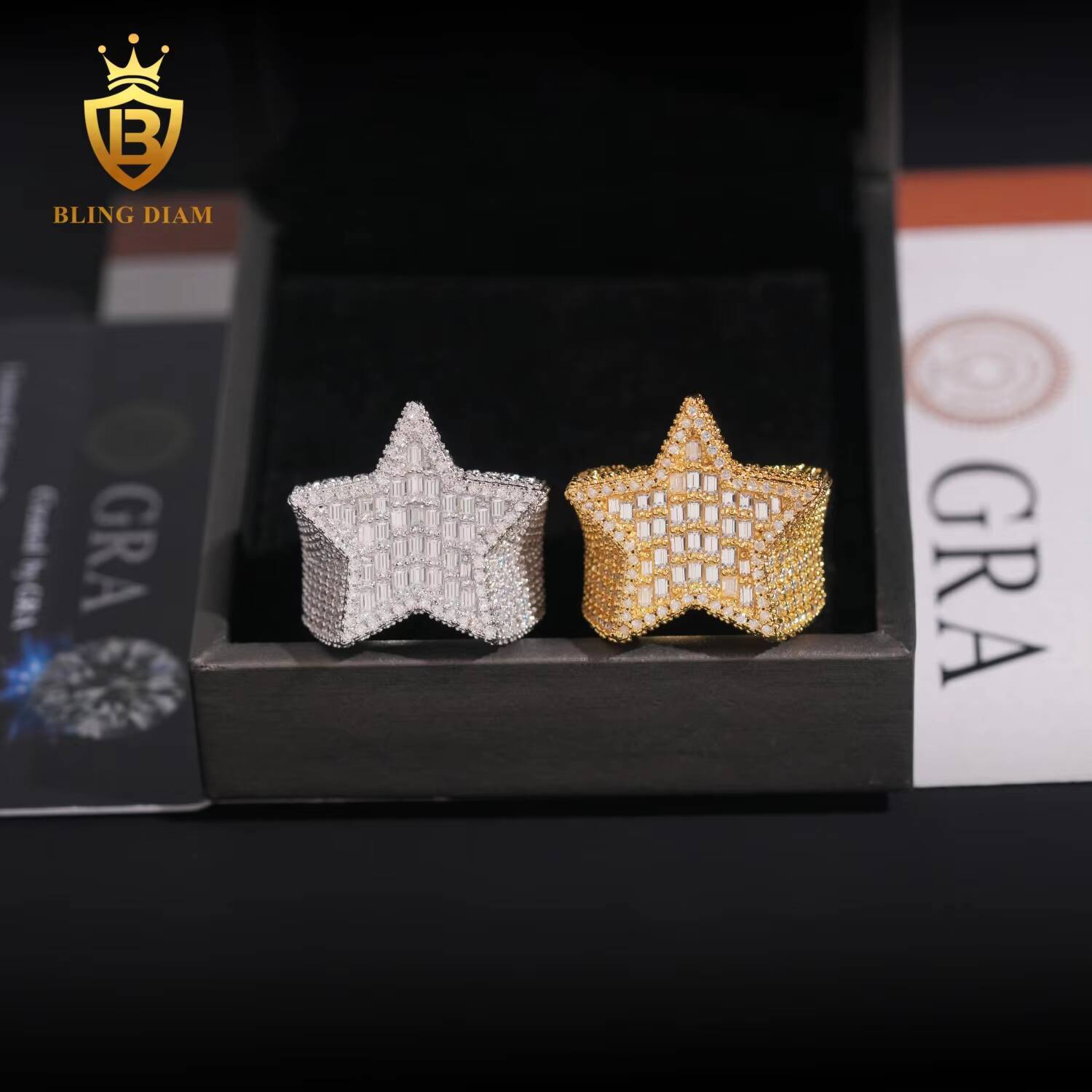 Iced Out Hip Hop Jewelry 925 Silver Gold-Plated Vvs Moissanite Ice Out Fully Diamond Mens Star Cuban Rings With Box