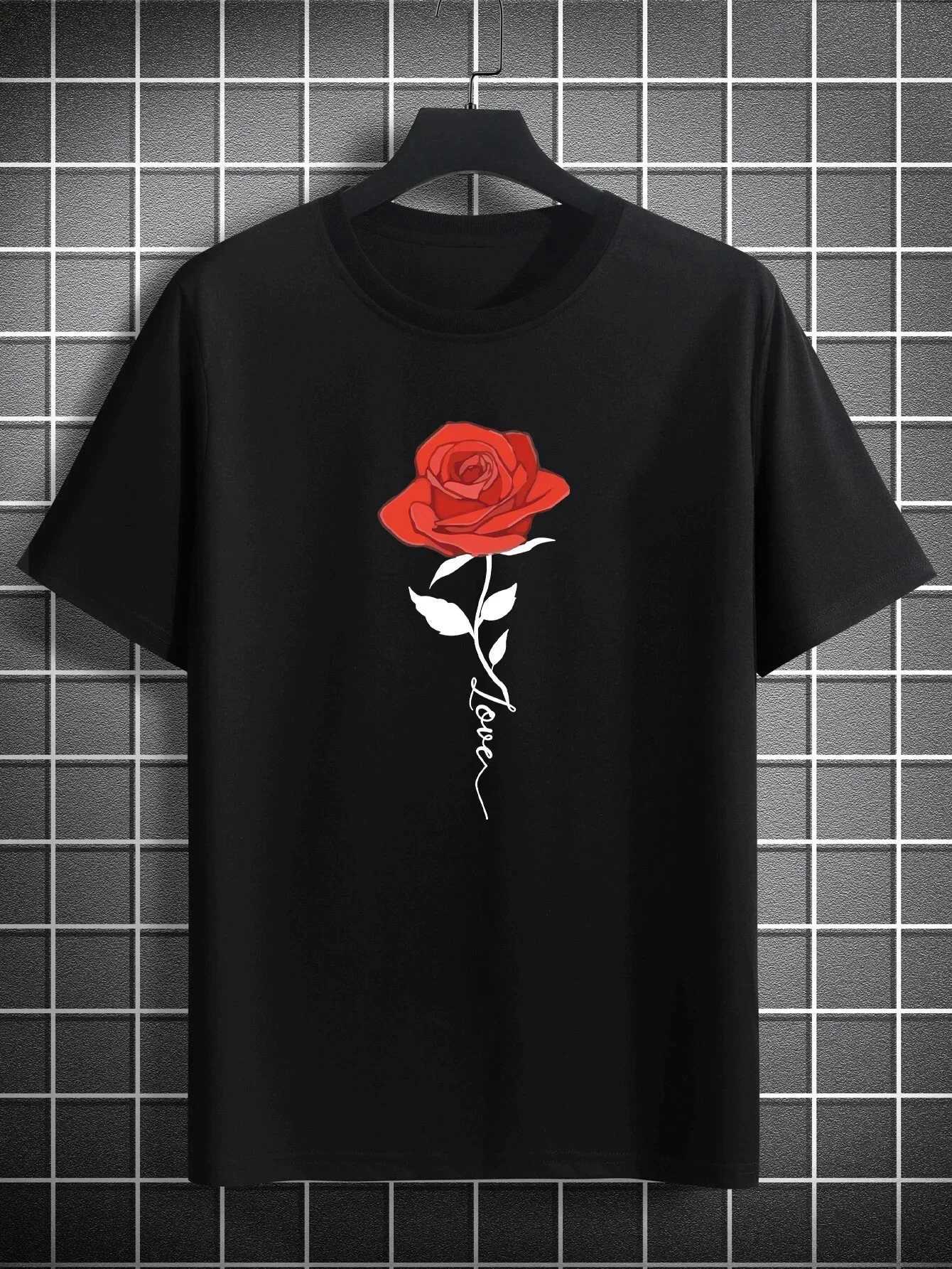 With Rose PrintMens Casual Crew Neck Short-Sleeve Fashion Summer T-Shirts Tops Mens Outfits TeeRegular and Oversize Tees Y250819