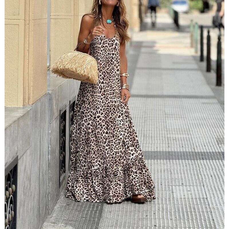 Dresses Women's Clothing 2025 Summer New Leopard Print V-Neck Halter Backless Sexy Strap Long Dress