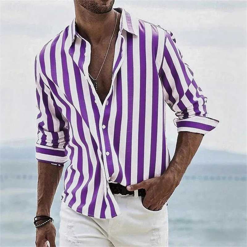2025 new mens long-sleeved blue striped 3D printed shirt high-quality social mens wear fashionable Hawaiian shirt Y250819