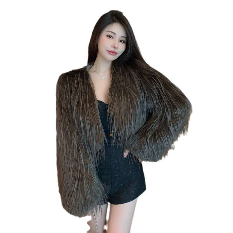Casual Tassel Faux Fur Coat Clothes Female Patchwork Solid Scoop Neck High Street Long Sleeve Jacket Women Fur Feather New