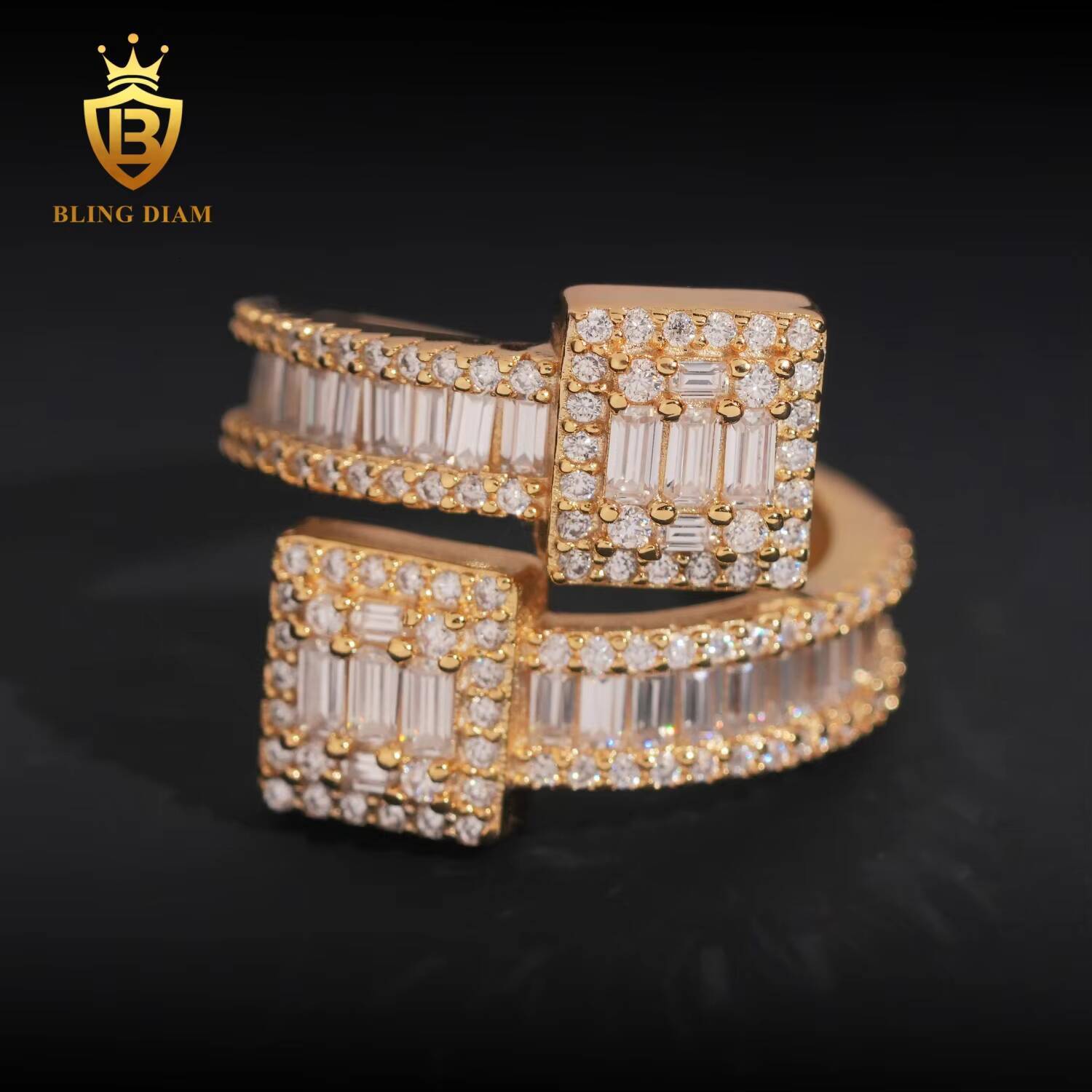 Hip Hop Jewelry 925 Sterling Silver Gold Plated VVS Full Moissanite Lab Grown Diamond Adjustable Open Square Ring for Men