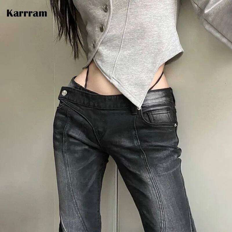 Karrram Vintage Distressed Low Grunge Asymmetrical Waist Denim Pant Korean Fashion Black Flare Jeans Kpop Streetwear