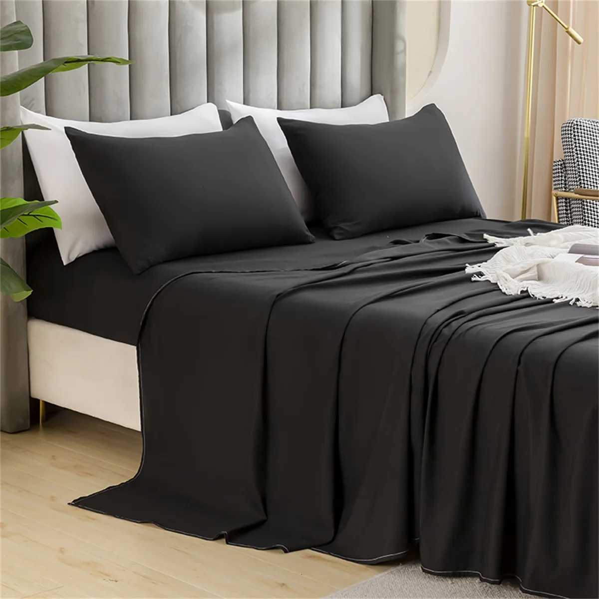 Ultra-Soft Solid Color Brushed Bed Sheet SetFlat Sheet and caseSingle Double Bed SizeHypoallergenic Machine Washable Y250819
