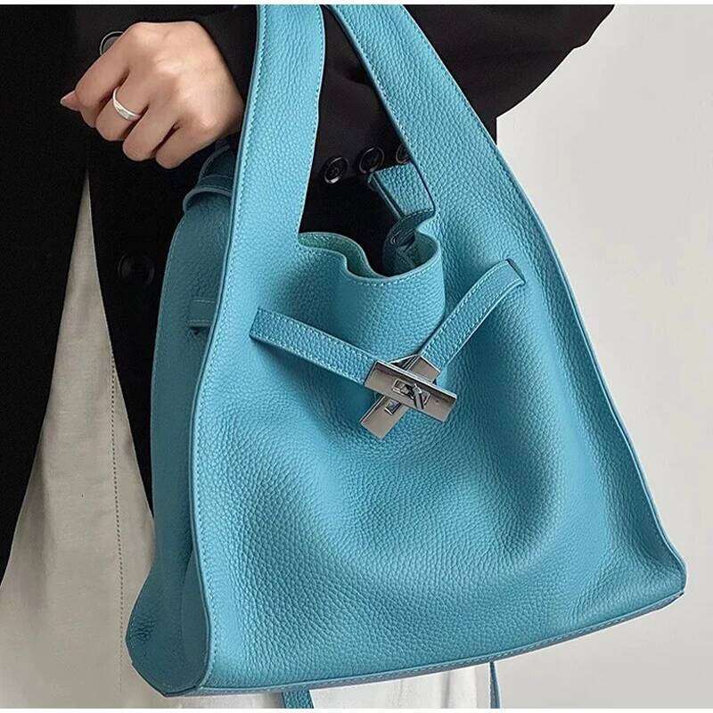 Brand Cowhide Basket Women Tote Garbage Hand-Held Buckle Design Shoulder Underarm Bucket Soft Leather Bag