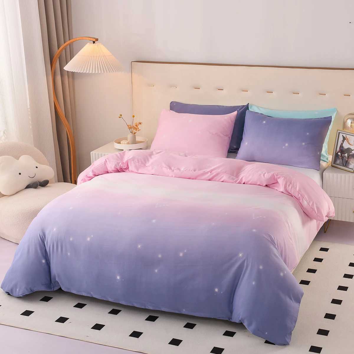 3pcs Fantasy Pink and Purple Gradient Duvet Cover Set Microfiber Galaxy Bedding Set Starry Sky Print Quilt Cover For Girls Room Y250819