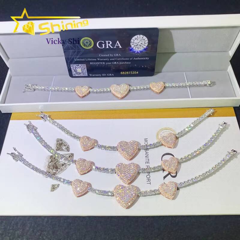 Worldwide Shipping 925 Silver Two Tone Three Heart Moissanite Tennis Bracelet Custom Men Women Hip Hop Moissanite Bracelets