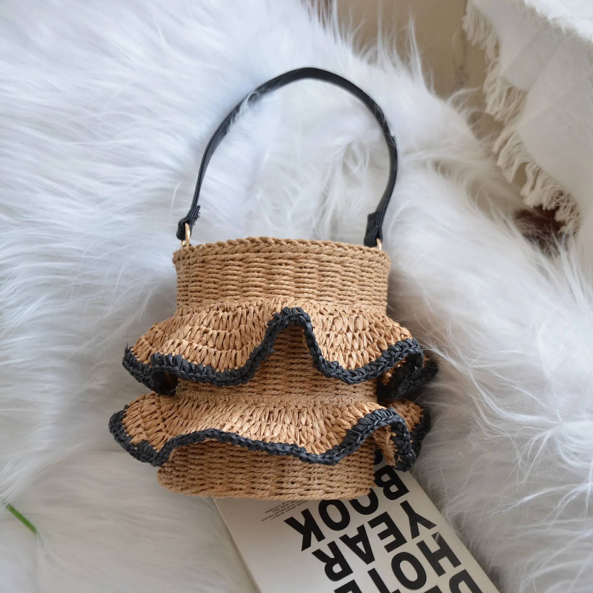 Summer Ruched Bucket Bohemian Shoulder for Women Travel Beach Bag Handbagsand Purses Paper Rope Woven Bags Clutch high-quality