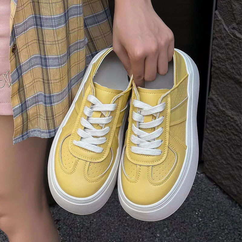White Sneakers for Women with Skirts, Spring and Summer Two-Way Wear, Thick-Soled Board Shoes, 2025 New Versatile Mesh Yellow Sports Casual Shoes