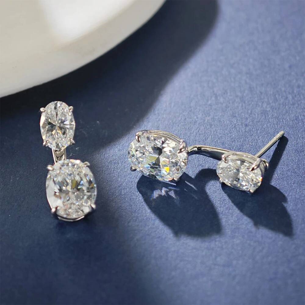 6CTTW Double Oval Cut Moissanite Stud Earrings for Women 925 Sterling Silver 2 in 1 Piercing Drop Earrings Party Jewelry GRA