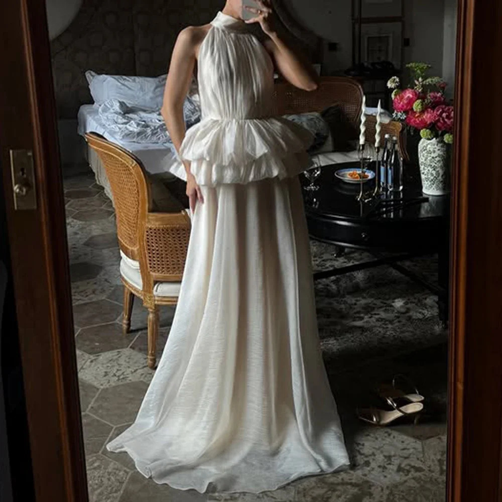 VGH Solid Evening Spliced Ruffles Maxi Dresses for Women High Neck Sleeveless Tunic Temperament Ceremony Dress Female Clothing 250815