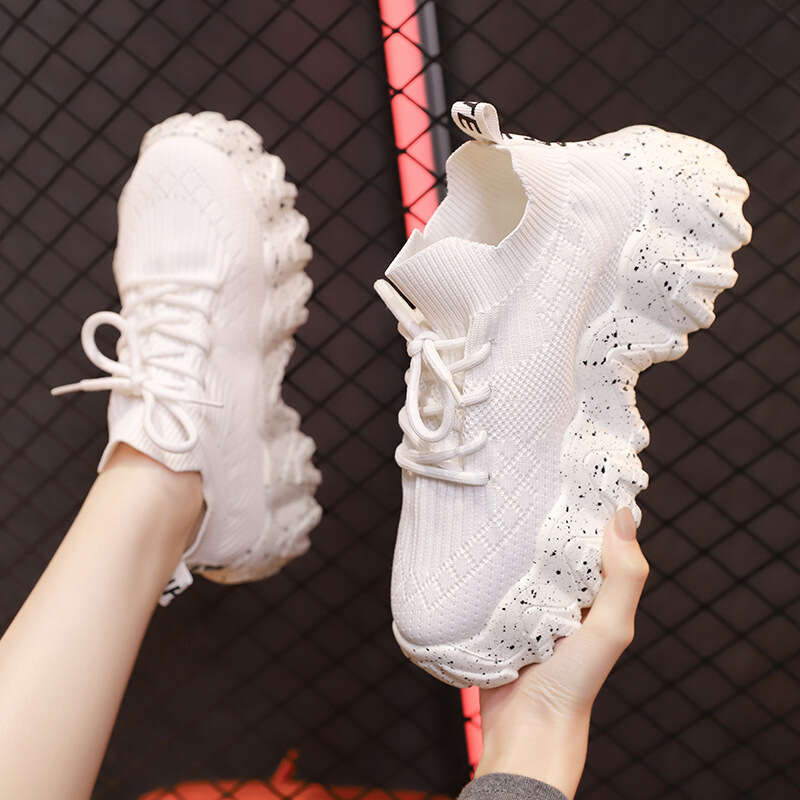 2023 Summer Dad Platform Thick Sole Single Women's Flyknit Breathable Elastic Socks Casual Sports White Shoes Trendy