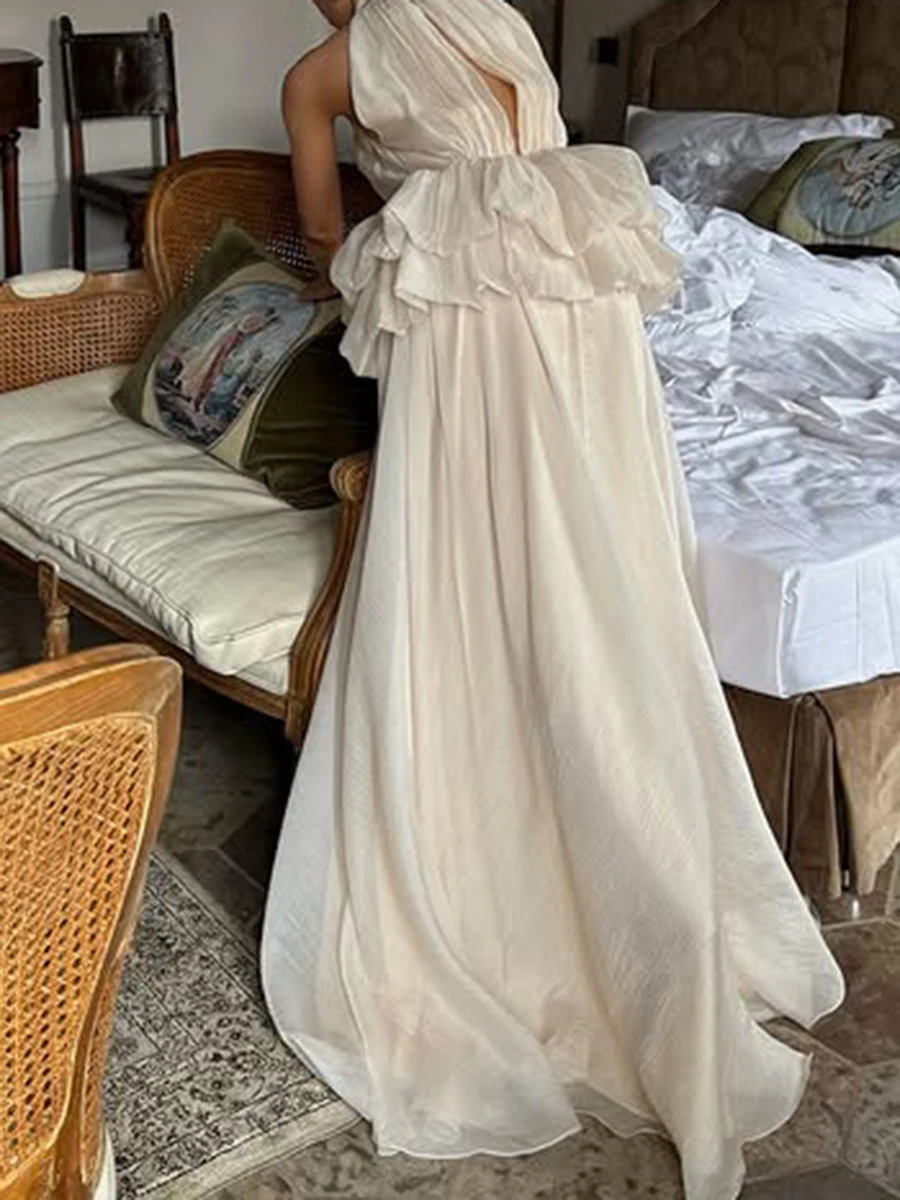 VGH Solid Evening Spliced Ruffles Maxi Dresses for Women High Neck Sleeveless Tunic Temperament Ceremony Dress Female Clothing 250815