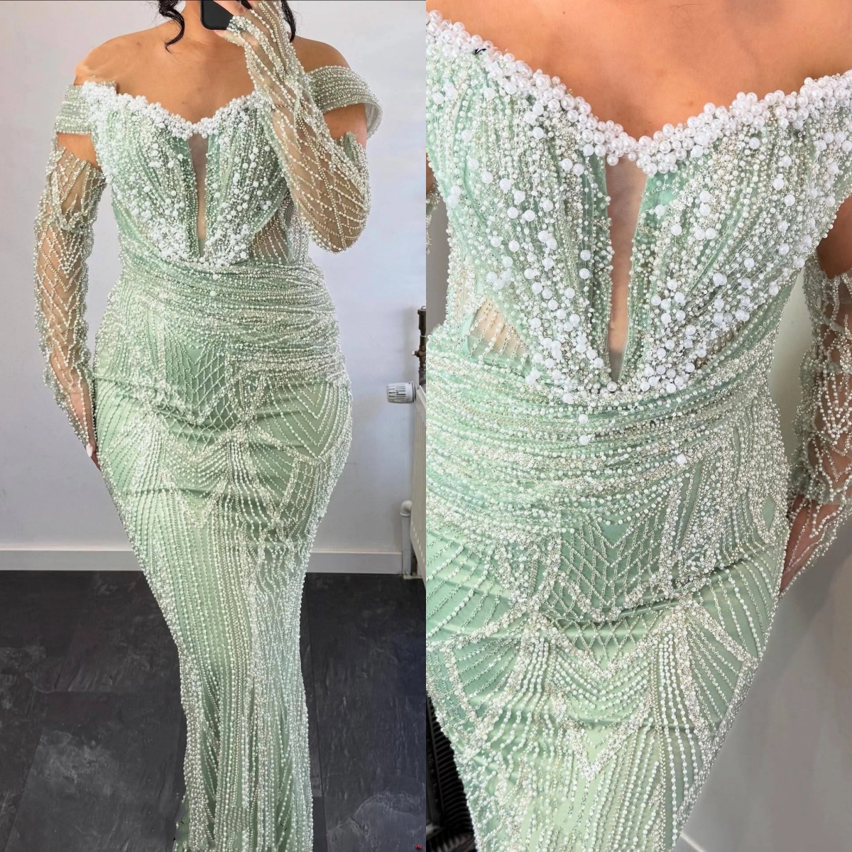 Luxury Mermaid Evening Dresses For Women Off Shoulder Long Sleeves Gown Sequins Pearls Beaded Sweep Train Dress Party Customized Dress