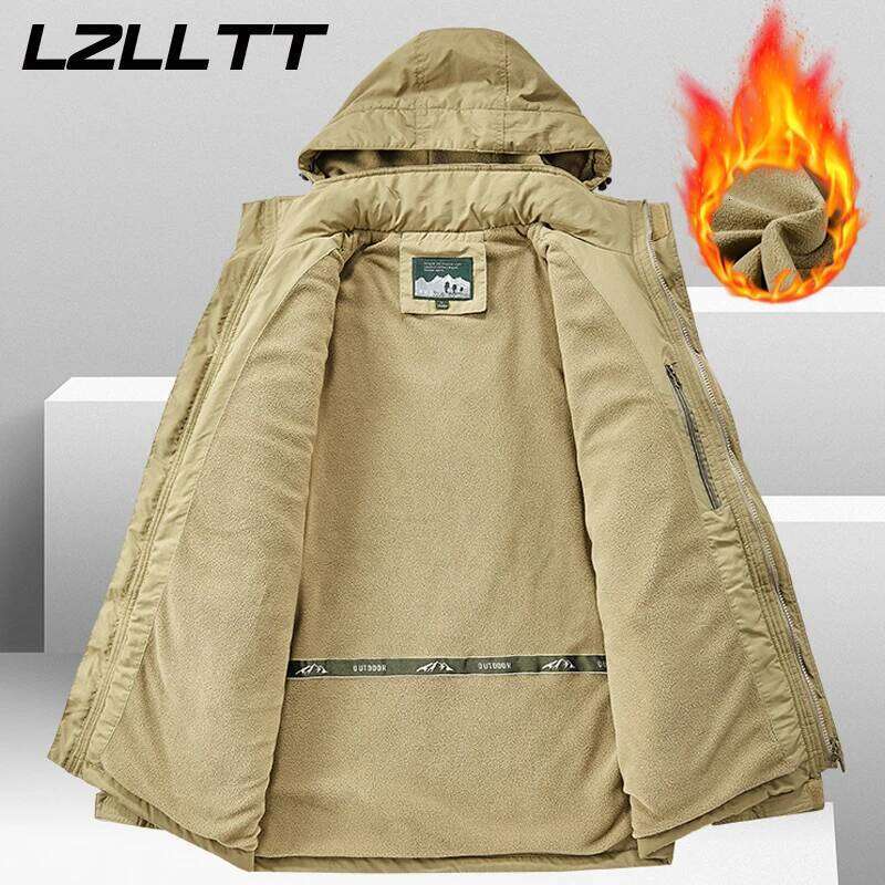 Winter Cargo Warm Fleece Thicken Embroidery Coats Men Autumn Outwear Detachable Hat Outfits Jackets Male