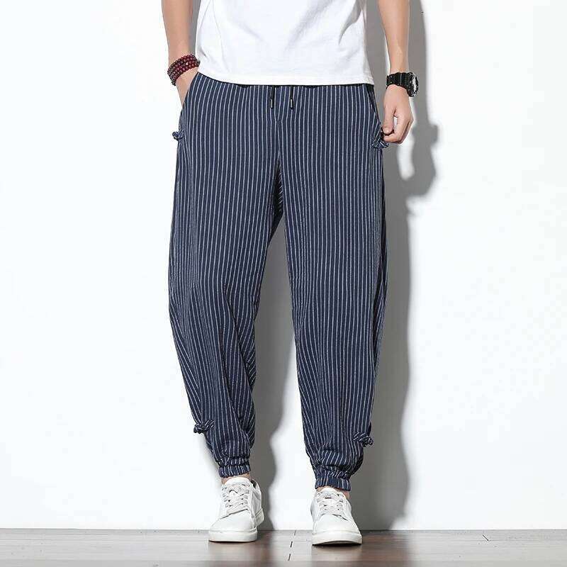 Spring Summer Disc Striped Harem Mens Breathable Cotton Linen Pencil Pants Buckle Casual Bloomers Fashion Trousers