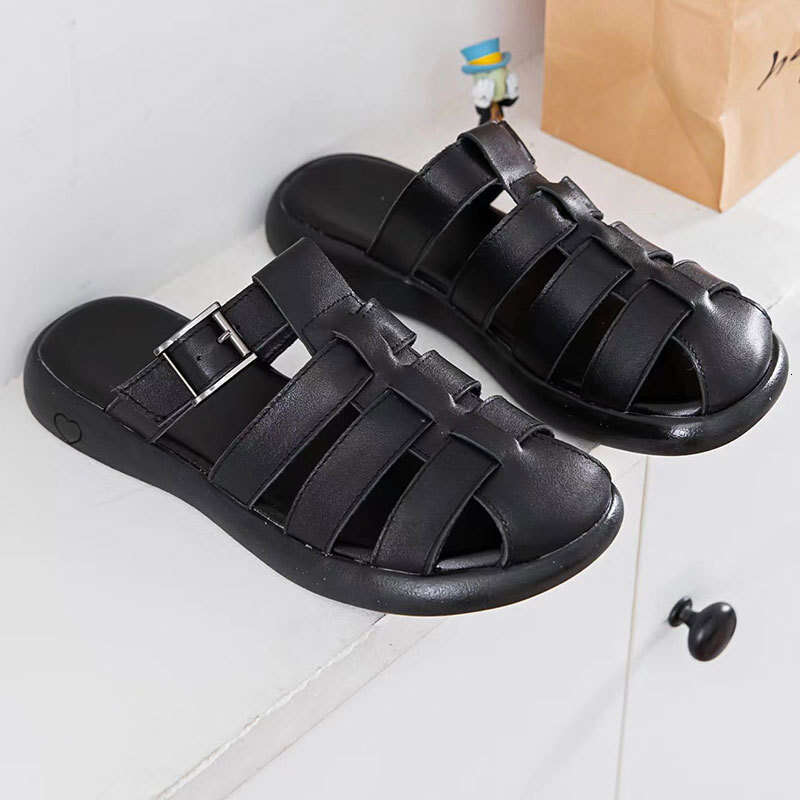 Top Layer Cowhide Women Shoes 2025 Summer New Korean Style Thick Sole Open Toe Woven One-Strap Buckle Sandals