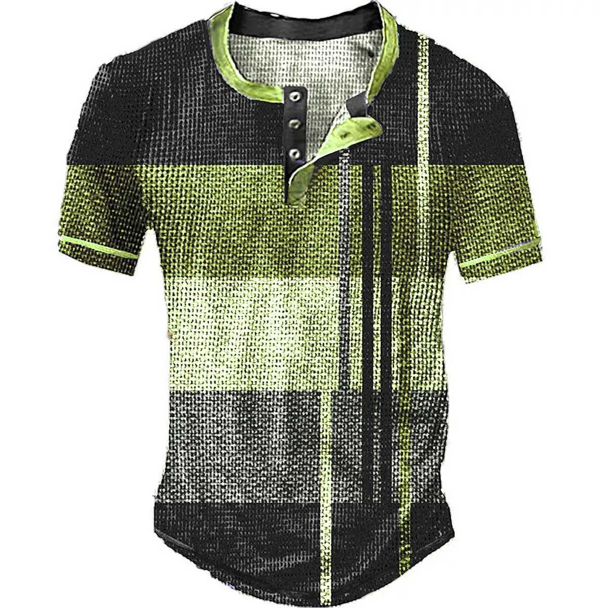 Striped Color Block 3D Printed Henley Shirts Mens Fashion Vintage Streetwear Button Short Sleeve T Shirt Tees Tops Man Clothing Y250819
