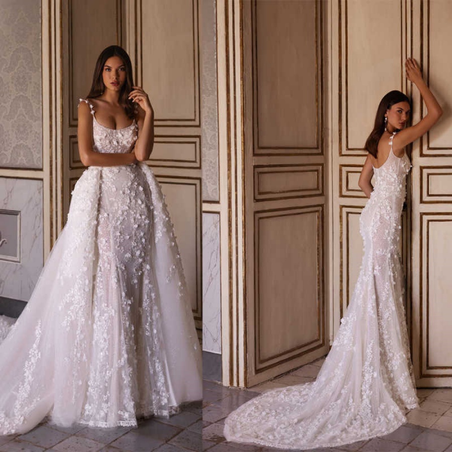 Dubai Arabic Mermaid Wedding Dresses With Detachable Train 3D Lace Appliques Bridal Gowns Backless Customized