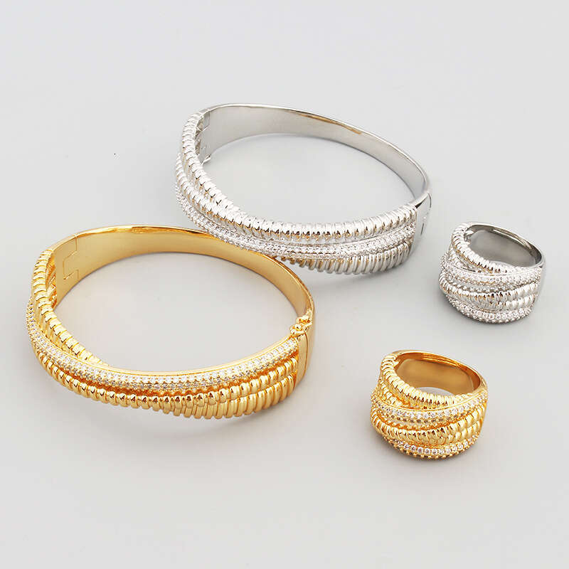 Fashion Inlaid Zircon Copper Gold-Plated Rolling Ball Cross Style Elegant Bracelet Ring Hot Item