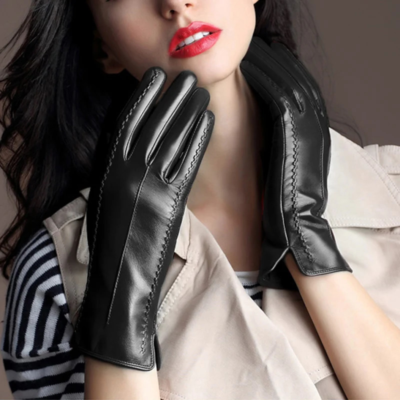Winter Black Womens Gloves PU Leather Keep Warm Touch Screen Windproof Driving Guantes Autumn Business Female 250811