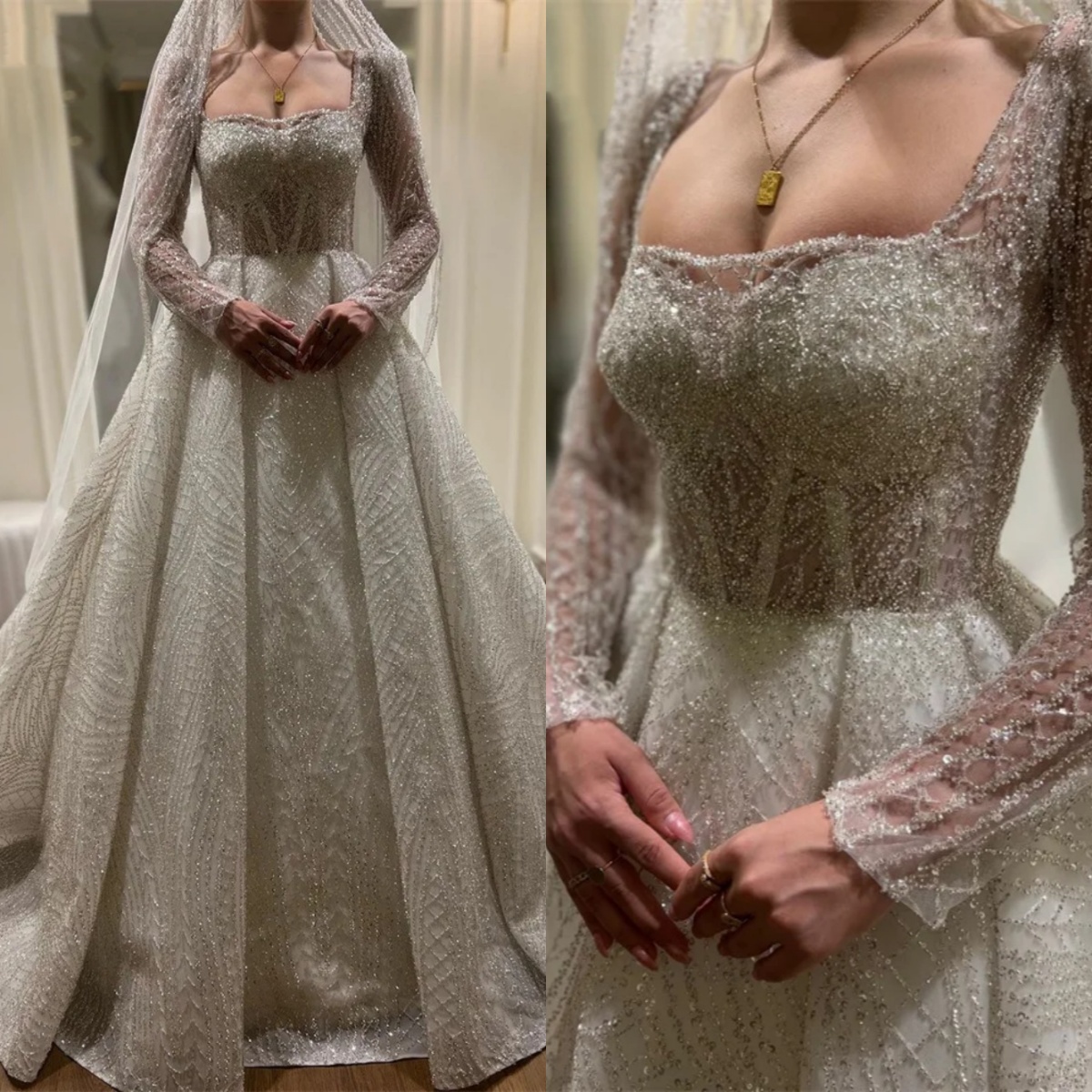 Gorgeous Mermaid Wedding Dresses Square Neck Beading Sequins Bride Dress Luxurious Pleats Sweep Train Bridal Dress Customized