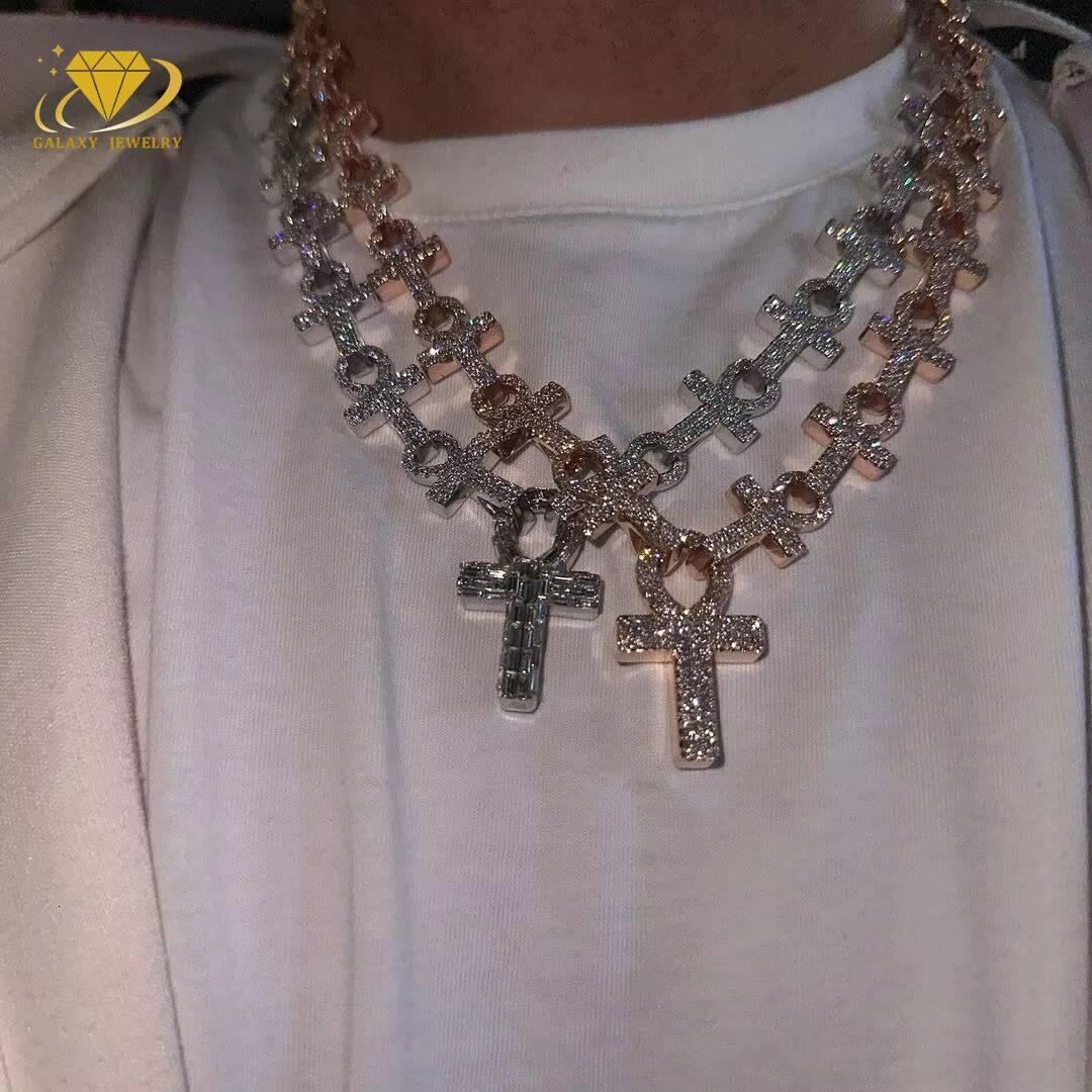 Luxury Hiphop Jewelry Iced Out 925 Silver Gold Plated Vvs D Color Infinity Link Cross Moissanie Cuban Link Necklace