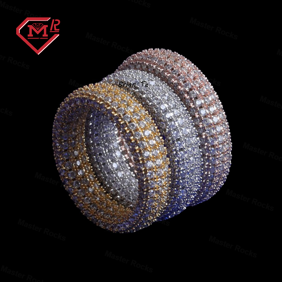 Custom Fashion Jewelry 925 Sterling Silver Gold Plated Iced Rings Hip Hop Gra Round Moissanite Diamond for Mens Hiphop Ring
