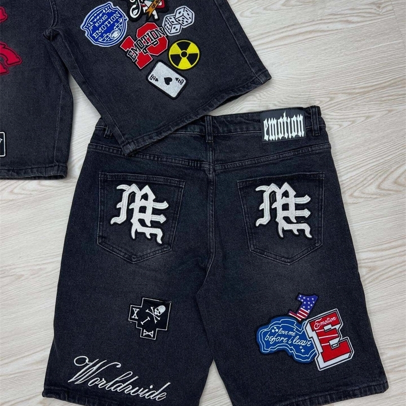 Streetwear Vintage Denim Shorts Y2K Jeans Hip Hop Cartoon Letter Embroidery Retro Black Baggy Short Low Waist Over The Knee Pant y250819