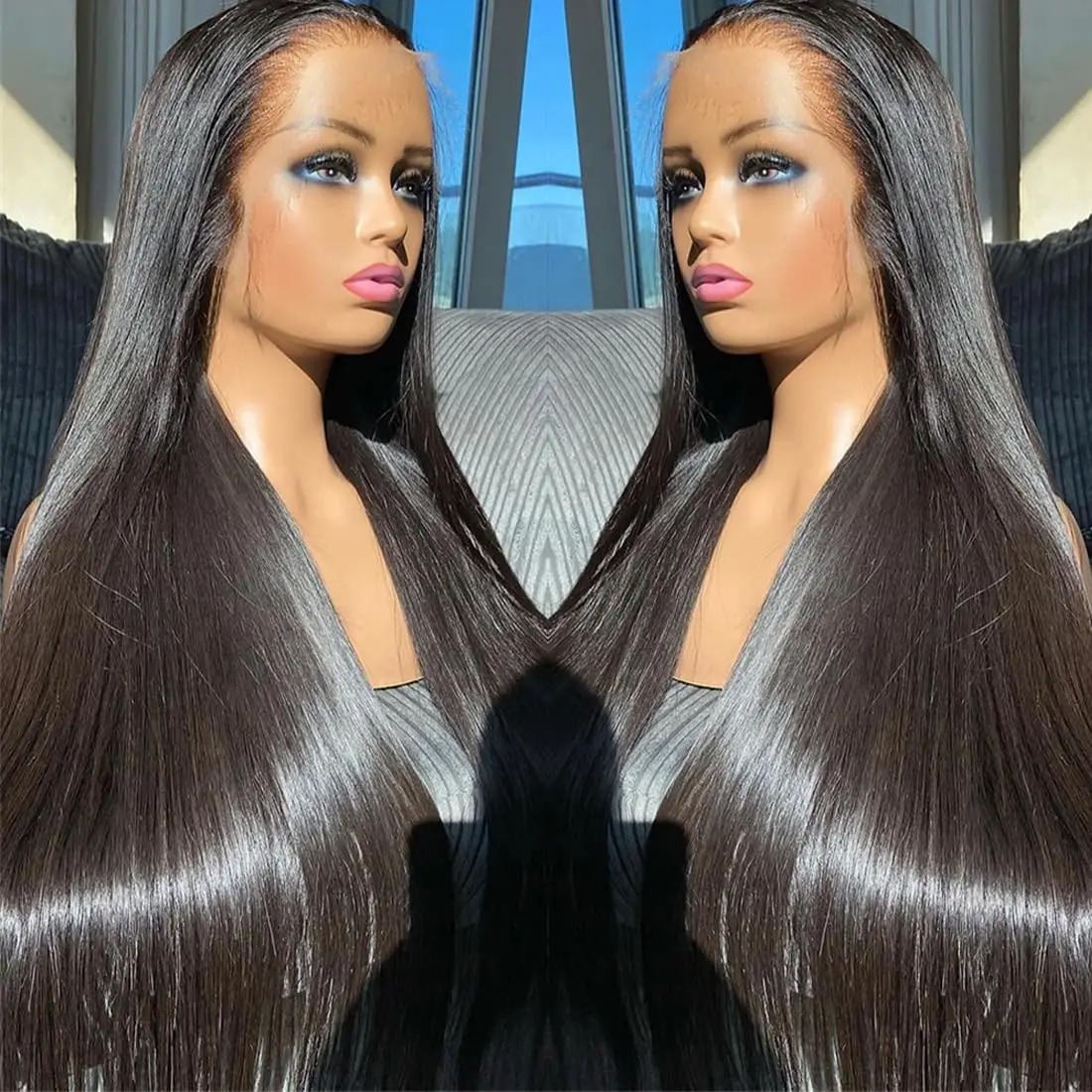 Synthetic Lace Front Glueless Wig, Pre Plucked Pre Cu Lace Easy to Wear Put on and Go Hd Transparent Lace 1B Black Long Straight Wigs for Black Women 