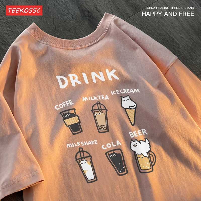 Creative Design Of Cat Beverage Short Sleeve T-shirt Men Women Cat Beverage For Couple Summer Half Sleeve Loose Fit Tee Y250819