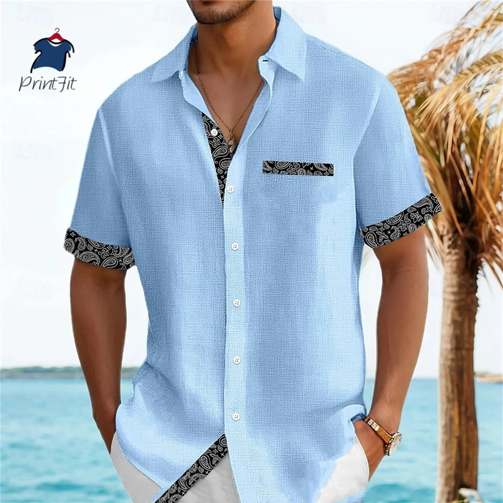 Ethnic Style Mens Color Blocked 3D Printed Button Neck Short Sleeved Shirt Highquality Hawaiian Beach Top Hemd Herren 250808