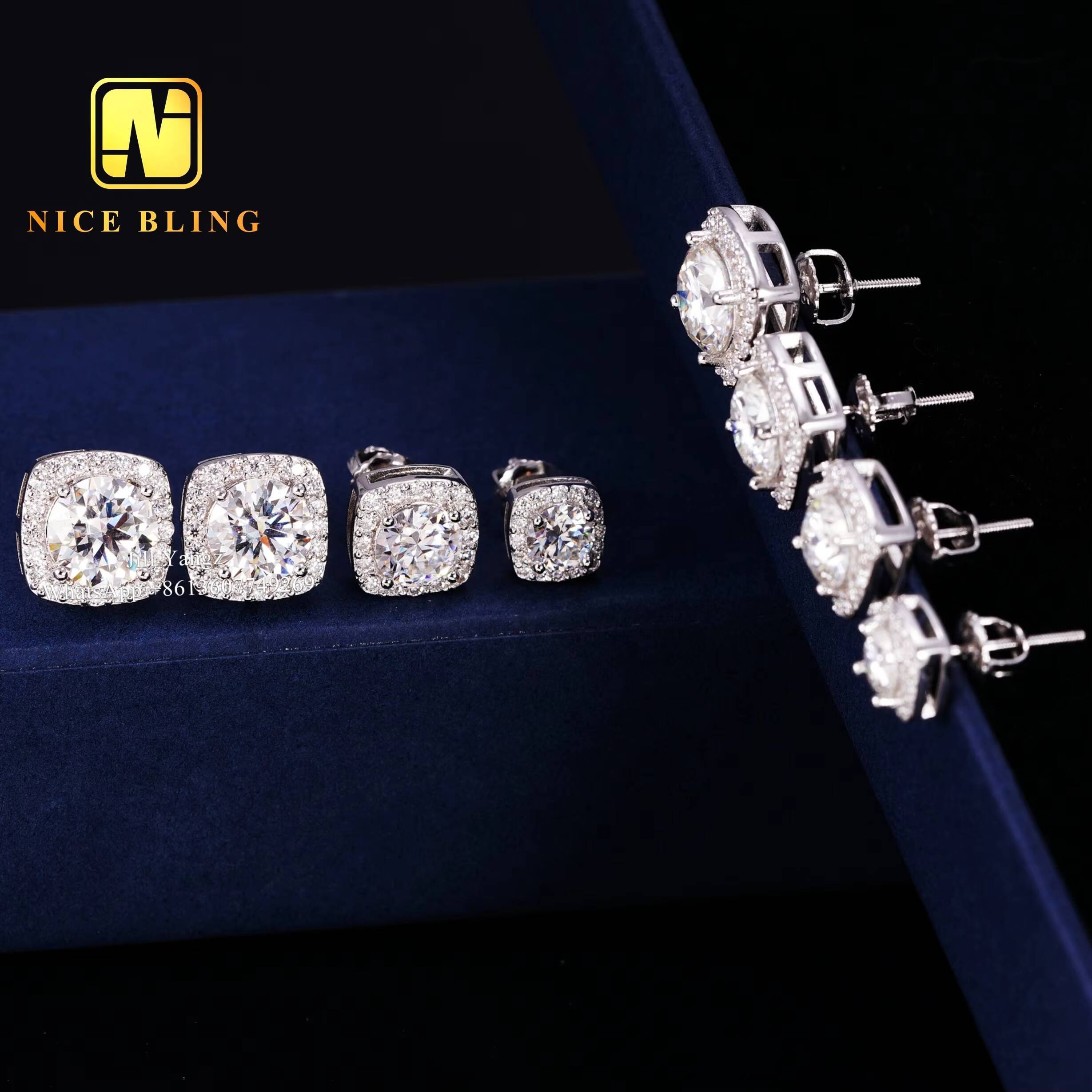 Ready Stock Fast Delivery 925 Sterling Silver VVS Moissanite Square Halo Stud Earrings Factory Wholesale White Gold Plated