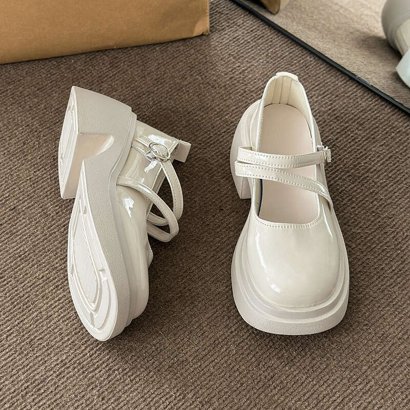 Shallow Mouth Thick Sole Versatile British Style Women's Leather Shoes Chunky Heel Round Toe Mary Jane Flats