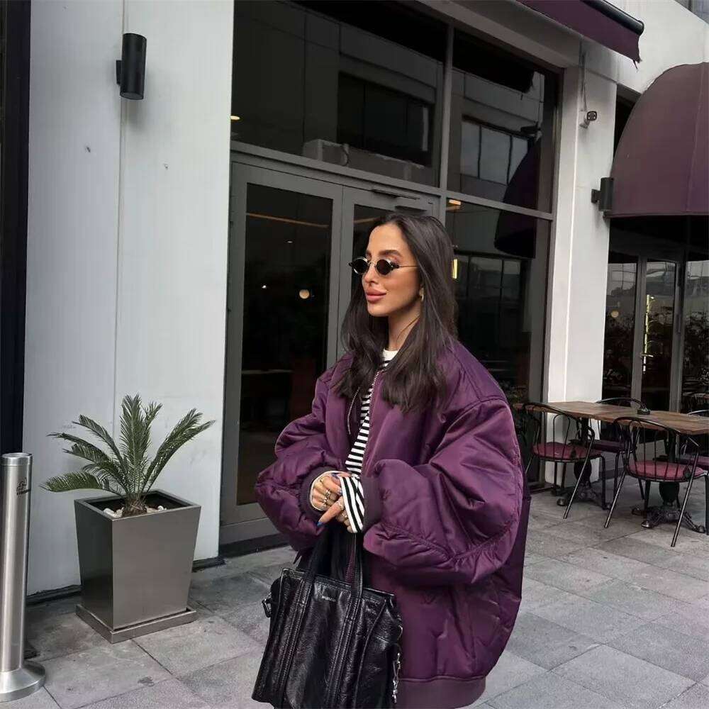 Autumn and Winter New Women's Fashion Style Stand up Neck Solid Loose Fit Flight Jacket Cotton Coat