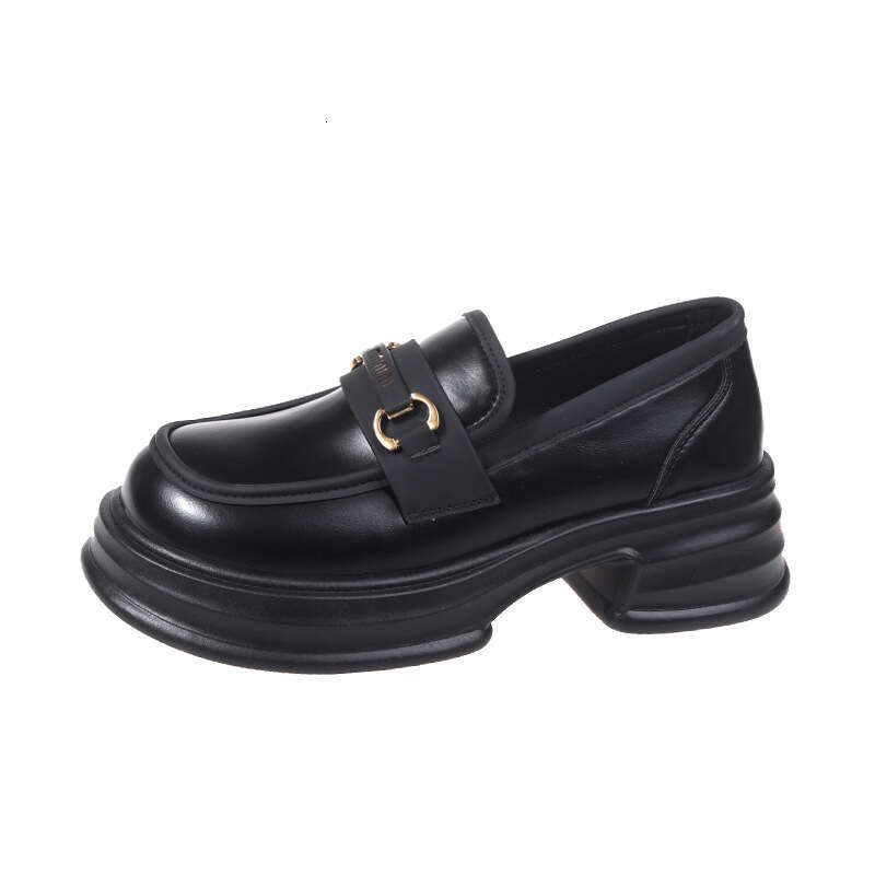 Thick-Soled Loafers for Women Slip-On 2023 Spring New British Style Platform Sole Small Leather Round Toe Mid-Heel Single Shoes