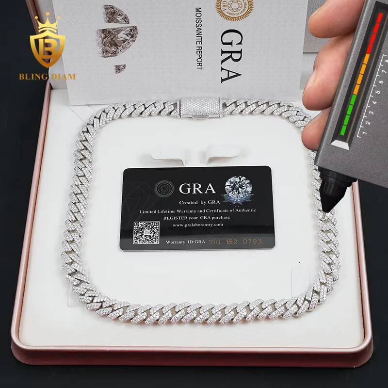 Factory Direct Wholesale Moissanite Cuban Chain Necklace Hip Hop Style VVS Diamond 2 Rows Sizes 12mm 925 Silver Men