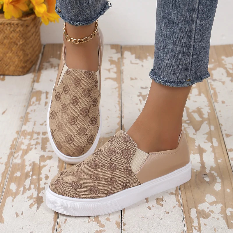2025 Spring New Fashion Round Toe Designer Printed Womens Vulcanized Shoes Casual Comfortable Shallow Mouth Womens Flat Shoes 250820