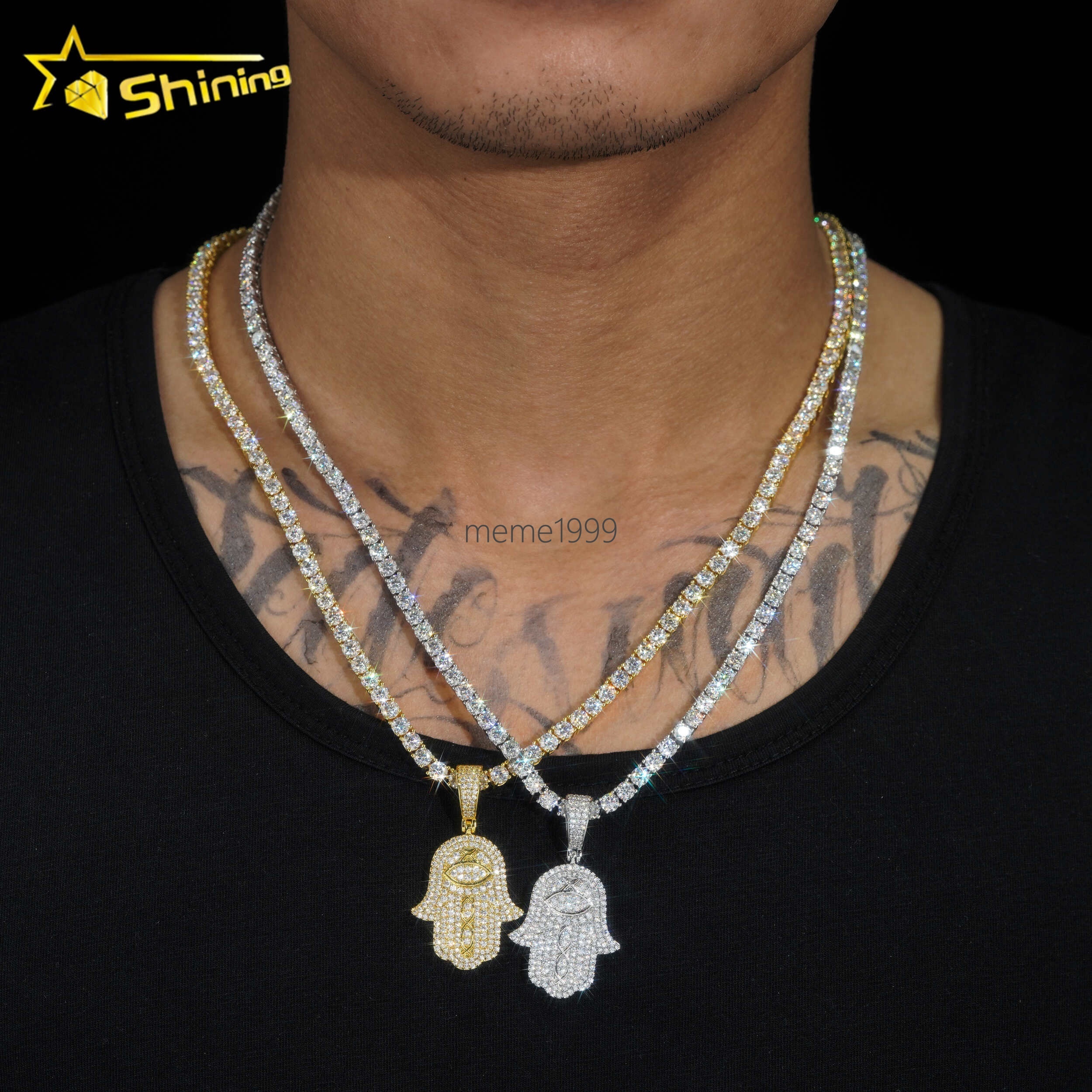 Silver 925 Pendants VVS Moissanite Diamond Mossanite Hip Hop Fine Jewelry Iced Out Diamond Moissanite Hamsa Hand Pendant