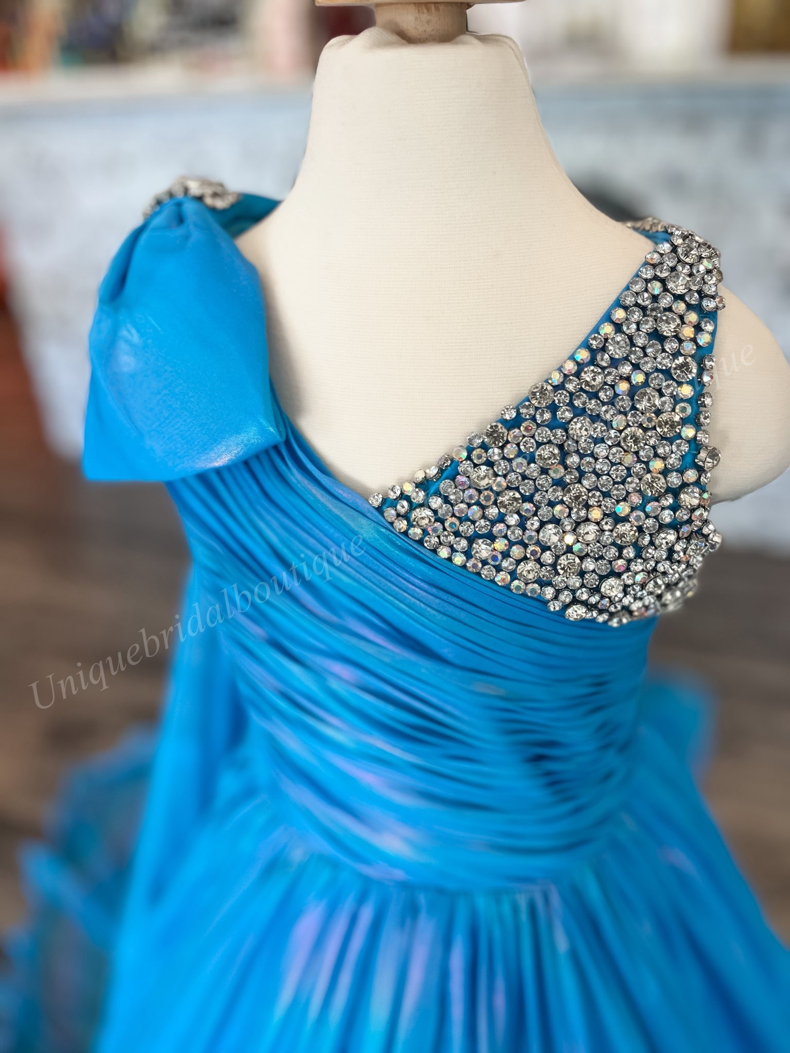 Turquoise Girl Mini Pageant Queen Dress Beaded Bow Iridescent Chiffon Long Little Kid Birthday Portrait Cocktail Party Gown Teen Miss On-Stage Appeara