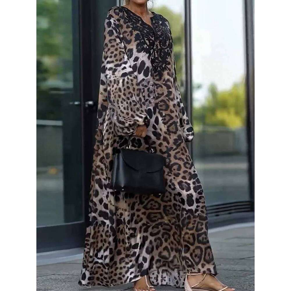 Leopard Patchwork Simple Fashion Party Women Spring Autumn Lantern Sleeve Maxi Dress, Elegant Print V Neck Ladies Dress