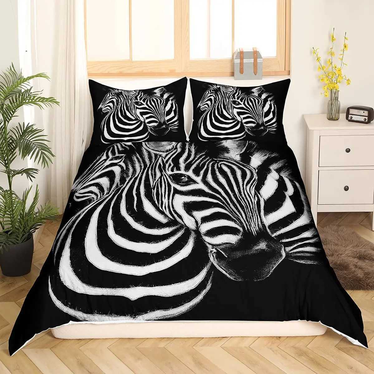 Zebra Print Bedding Set Striped Zebra Animal Print Decorative Quilted 3 Piece Comforter Cover with 2 Shams King Size Y250819